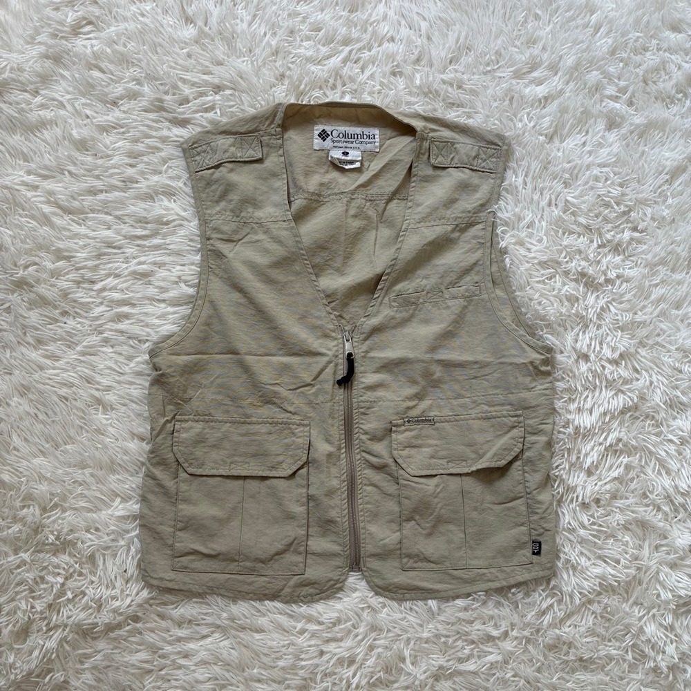 Columbia Sportswear Mens Utility Fishing Vest Tan Khaki Small Gorpcore Zip Up